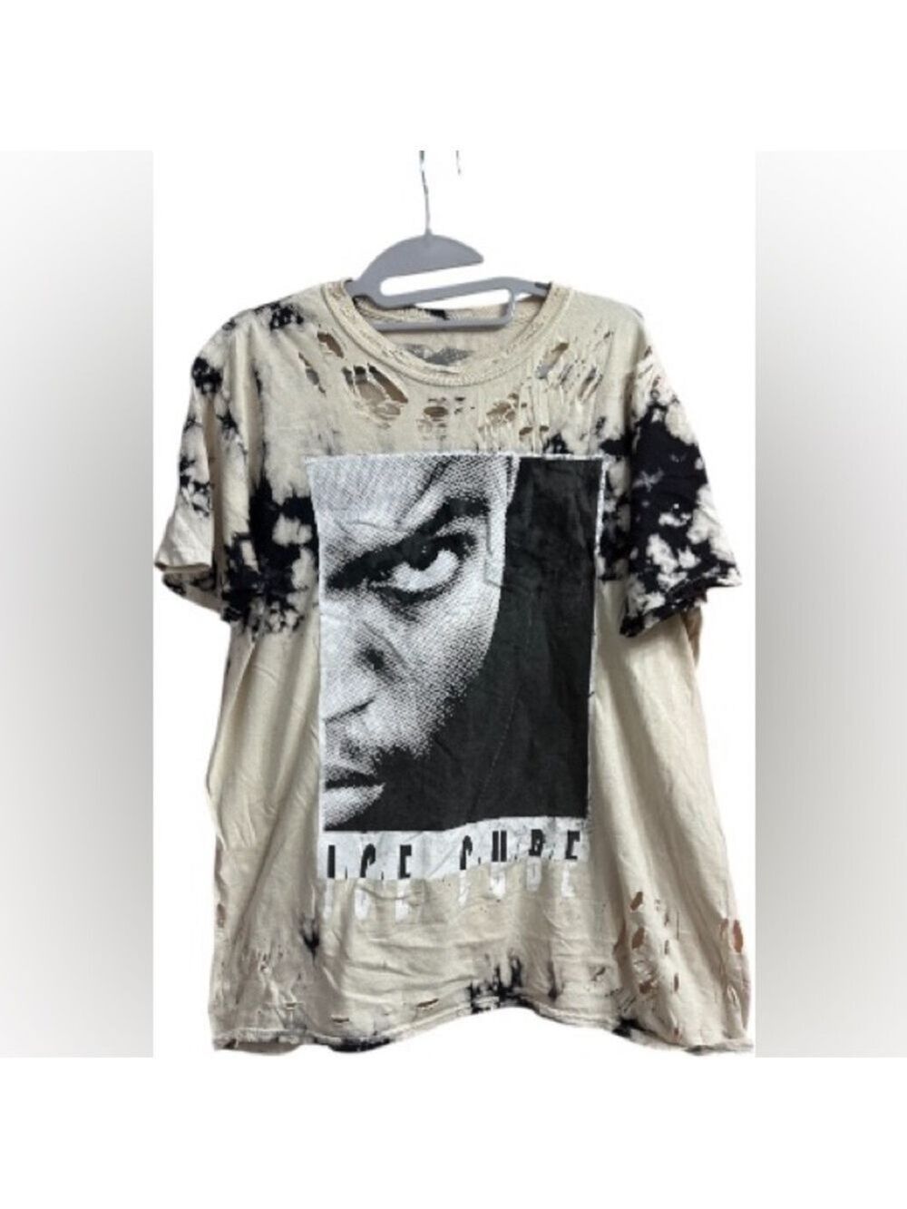 Ice Cube Graphic Distressed Cotton Tie Dye T-Shirt - Black & Cream